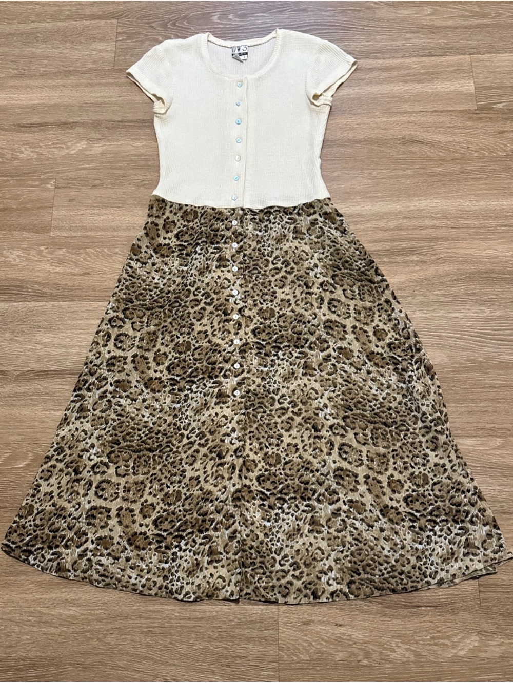 Cream Ribbed Button-Front Top with Leopard Print Maxi Skirt Size 6 Cottagecore